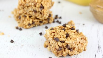 healthy rice crispy treat cereal squares made with brown puffed rice cereal and no refined sugar