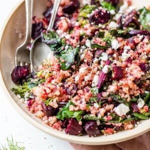 quinoa beet salad in wide shallow bowl