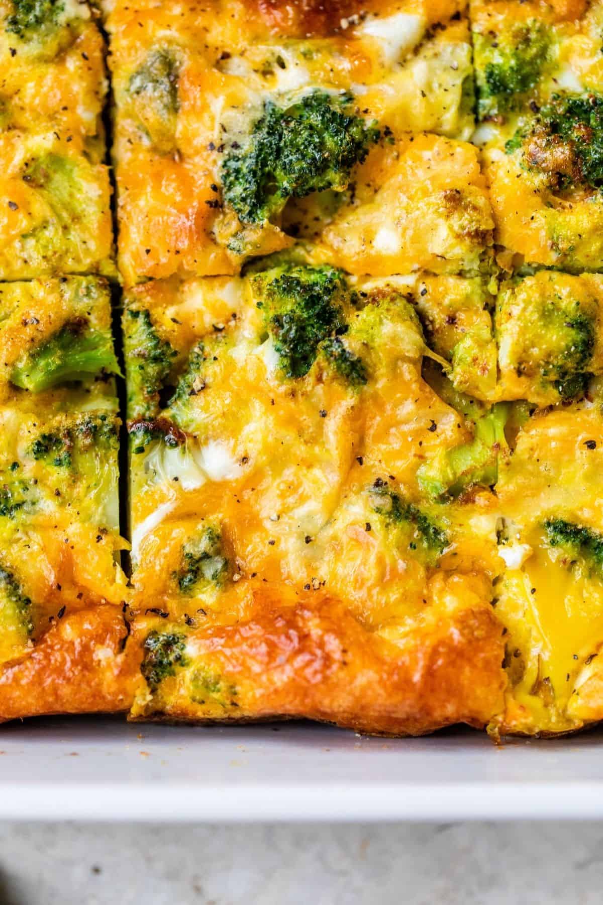 egg bake with cheese and broccoli, cut into squares