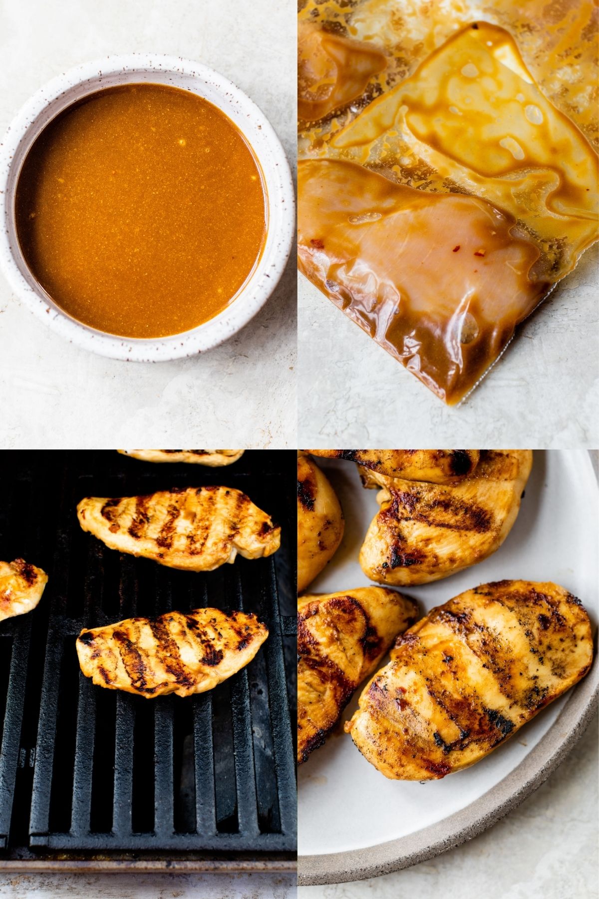 Visual steps for how to marinate and grill chicken.