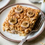 Serving of baked banana oatmeal on a plate.
