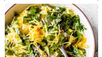 side dish of spaghetti squash with greens