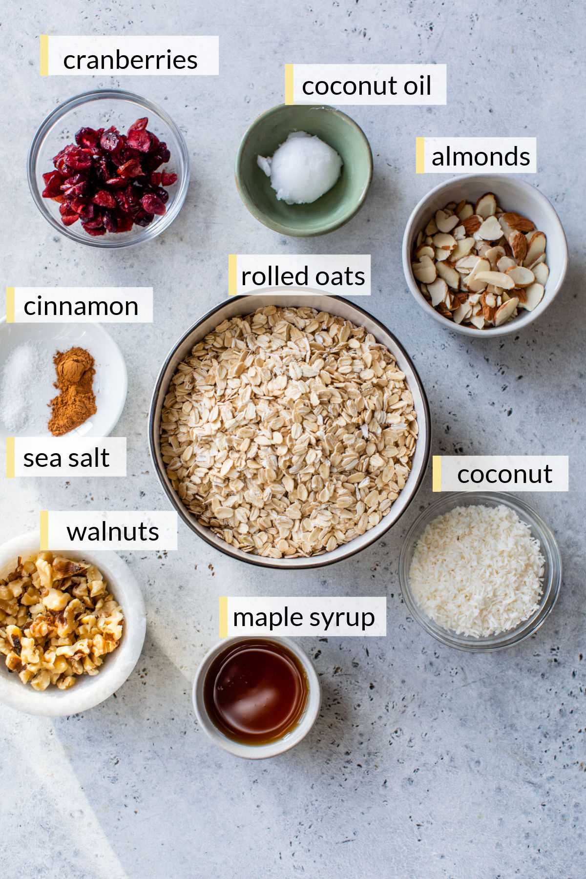 Oats, coconut oil, nuts, dried cranberries, cinnamon and maple syrup divided into small bowls.
