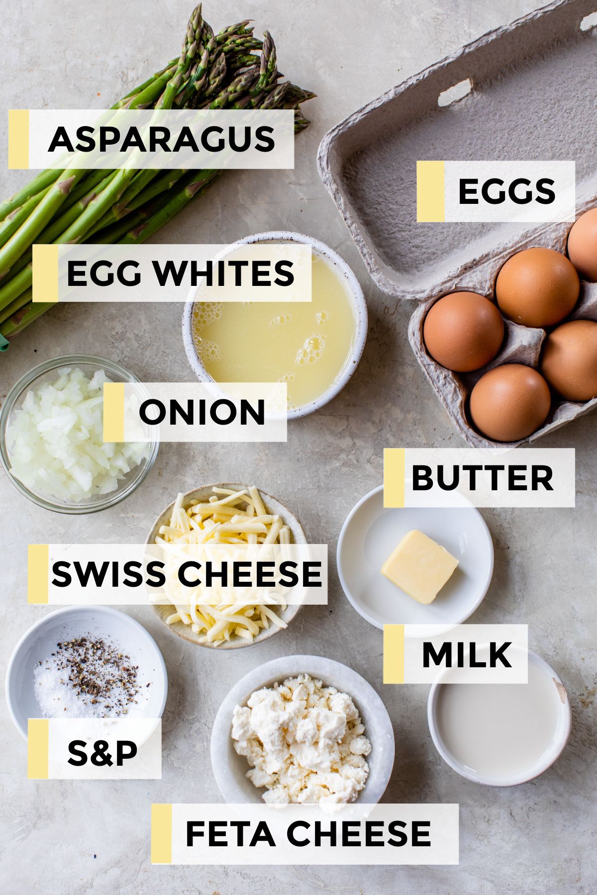 Ingredients divided into small portions for making a frittata.