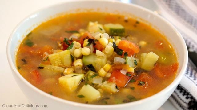 Summer Harvest Soup With Corn, Zucchini, & Tomatoes