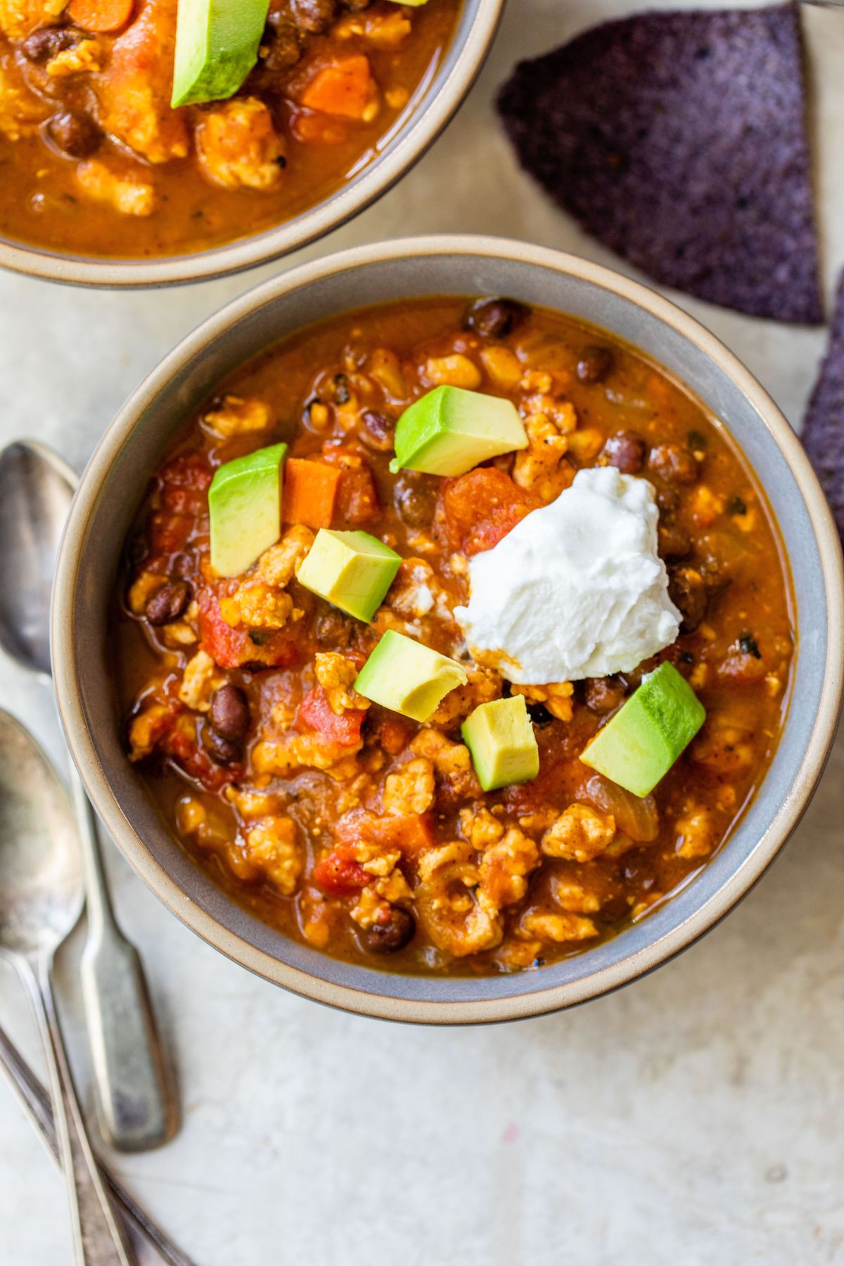 Chili made with pumpkin, ground turkey and black beans.