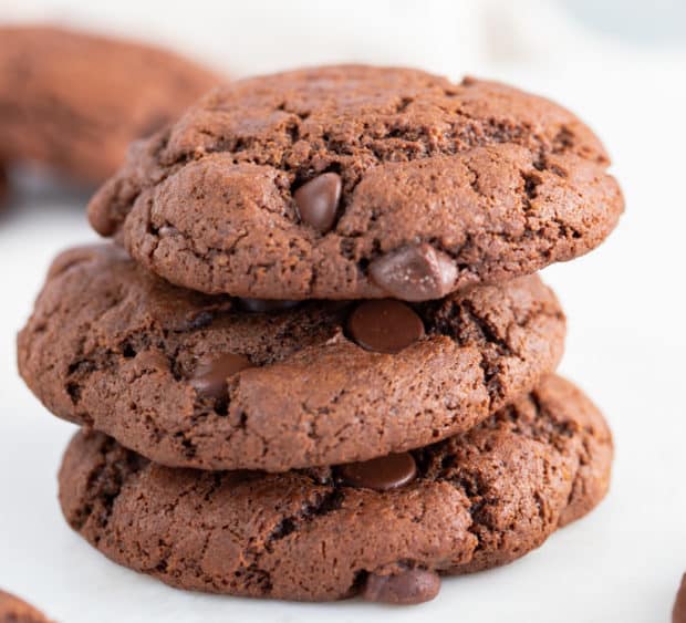 3 stacked double chocolate chip cookies 