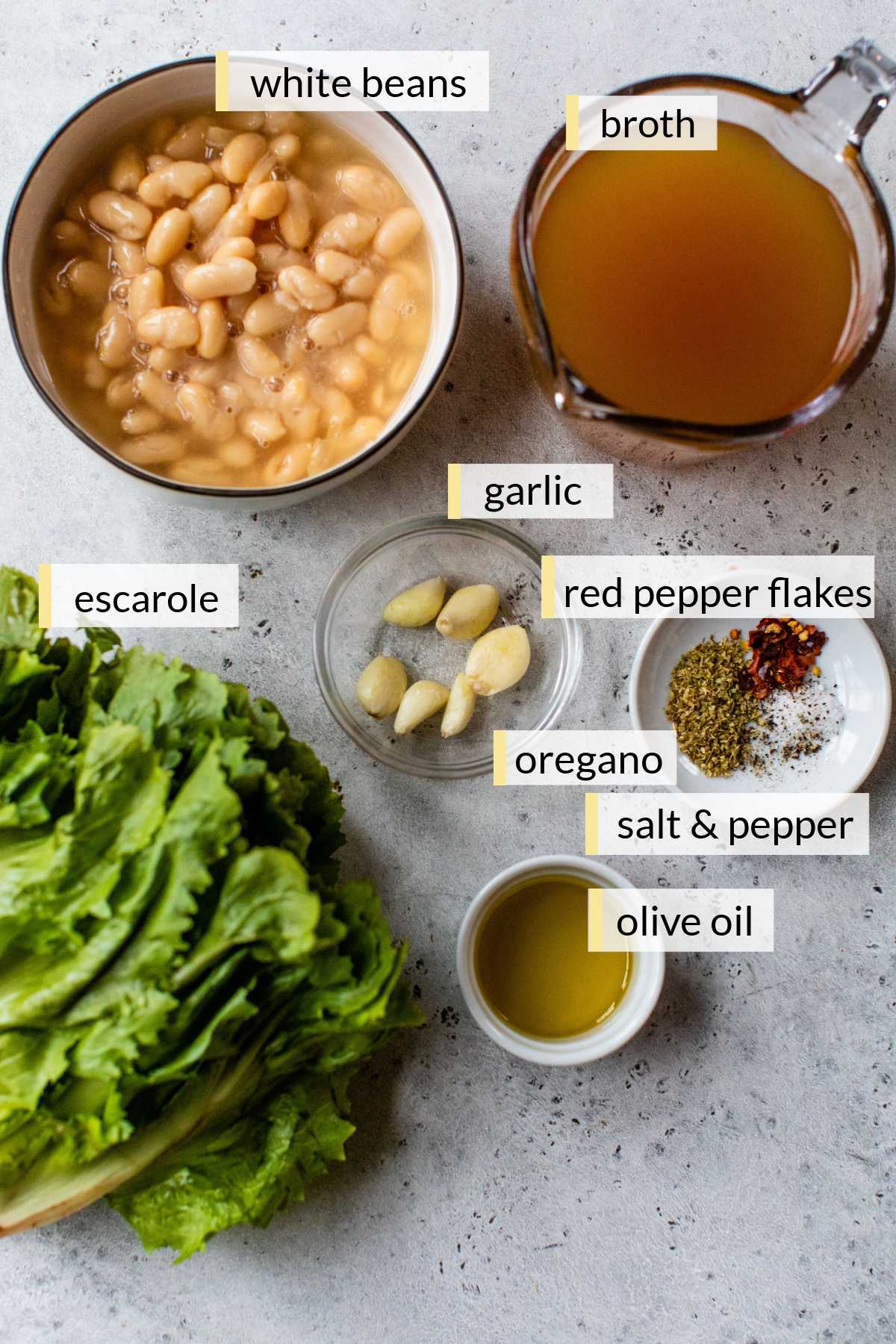 Broth, beans, spices and white beans divided into small portions.
