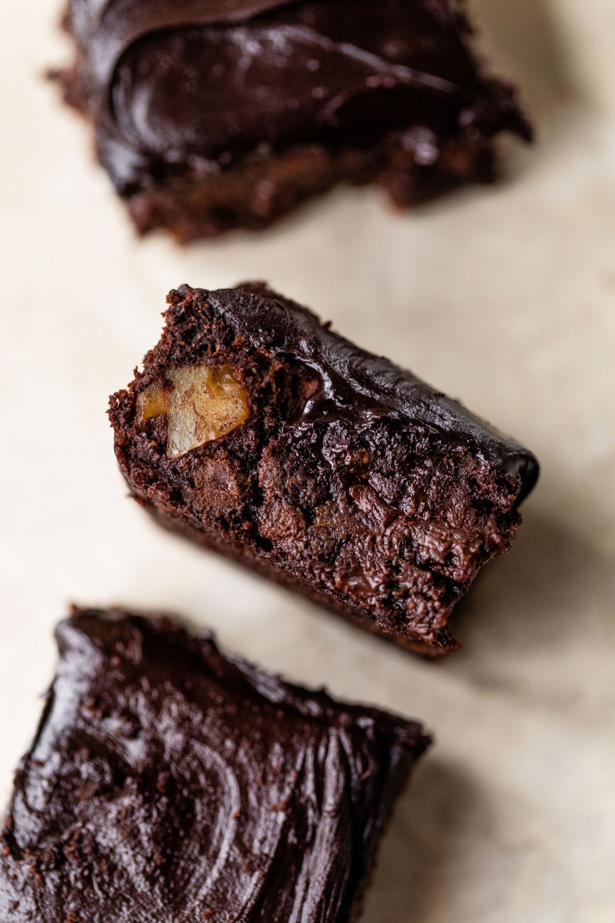 Sliced brownies with nuts.