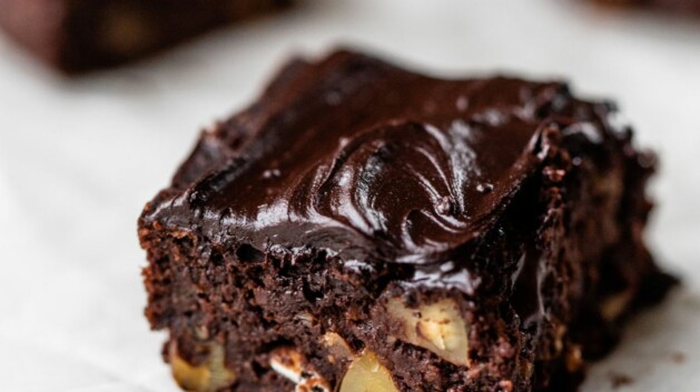 Black bean brownies topped with icing.