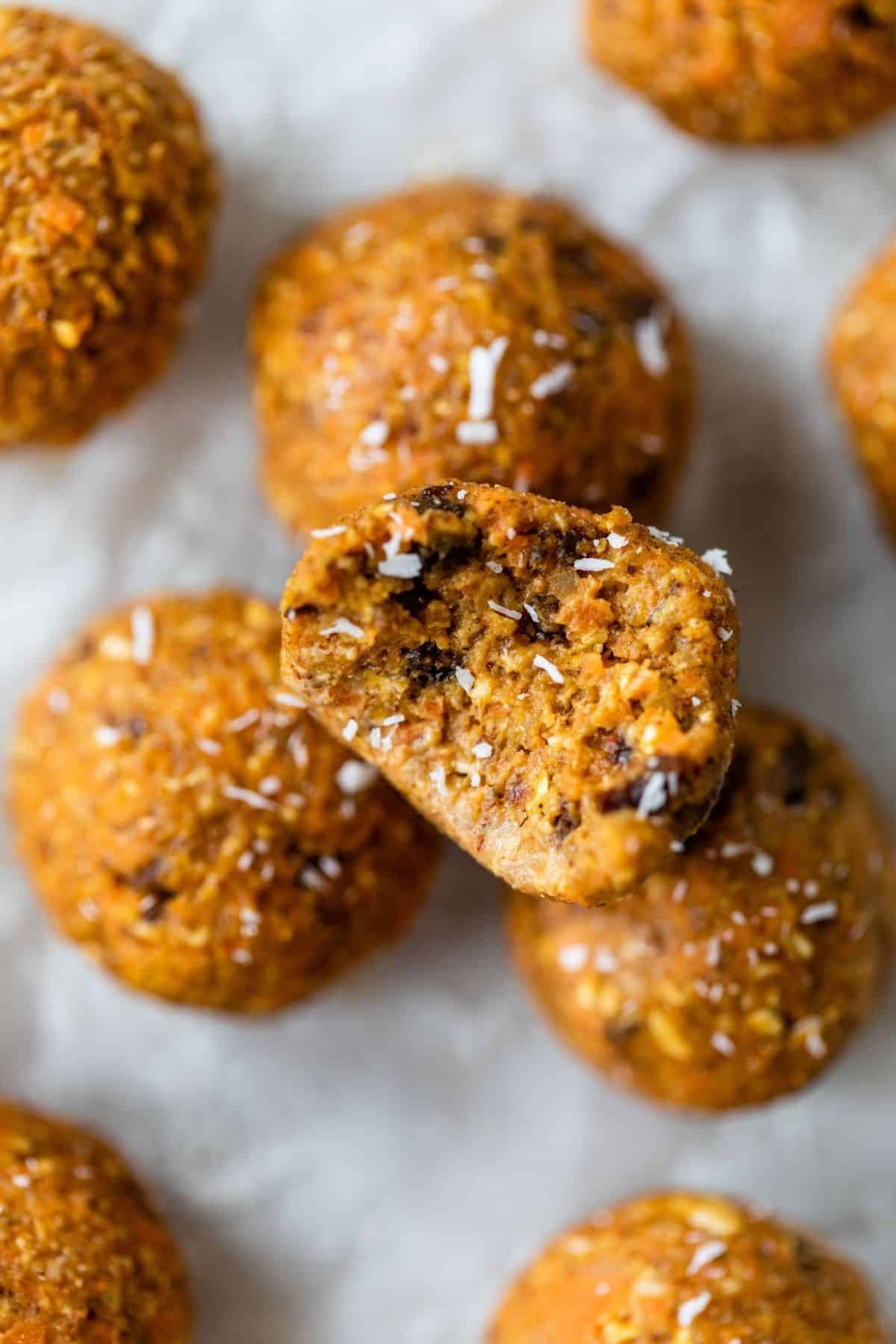 carrot cake energy balls on parchment paper 