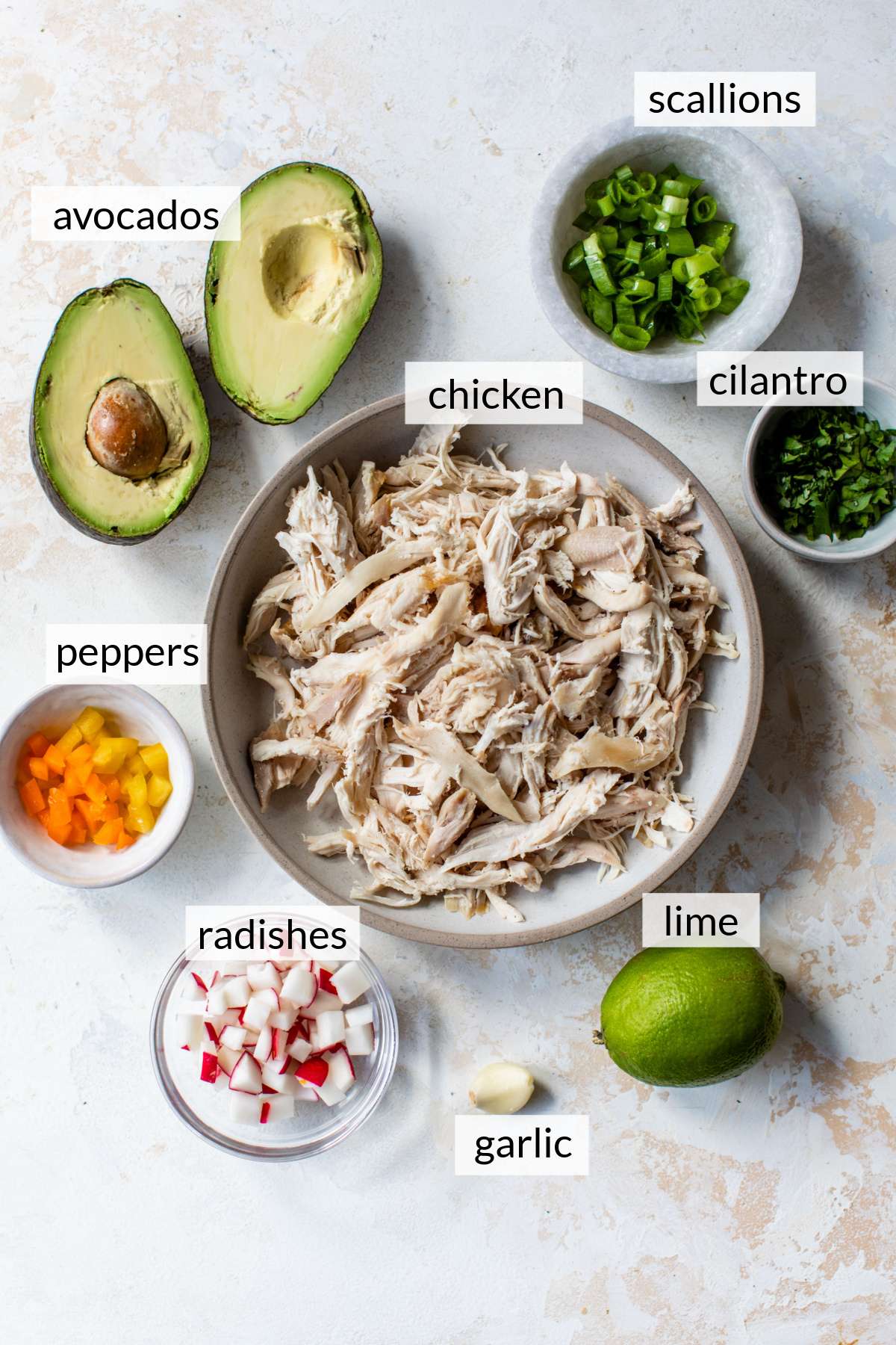 Shredded chicken, avocado, radishes, peppers and cilantro divided into small bowls.