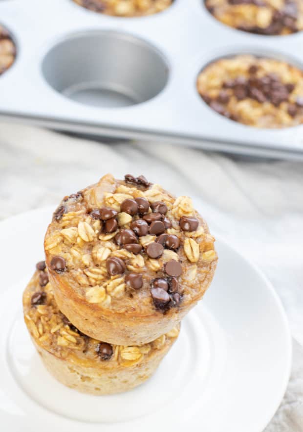 two banana oatmeal muffins stacked