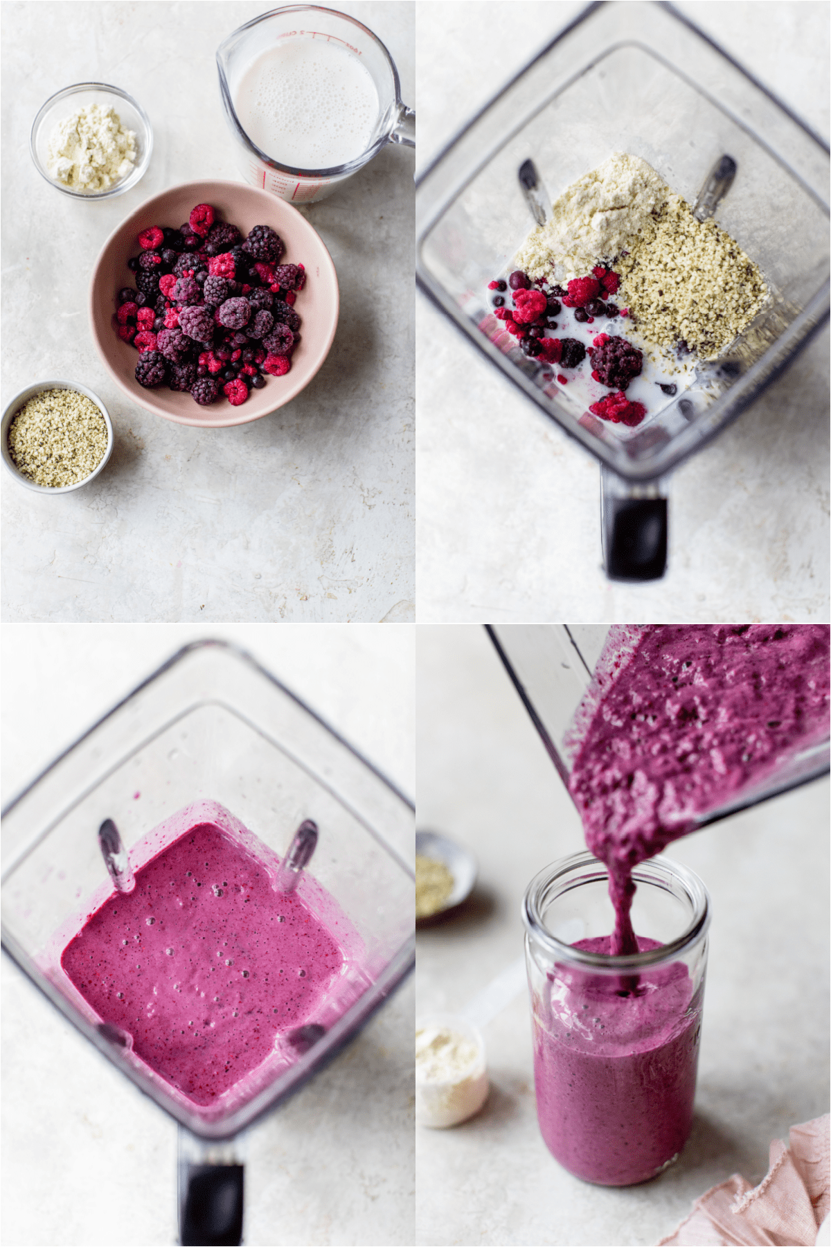 step-by-step photos to make mixed berry and hemp seed protein smoothie