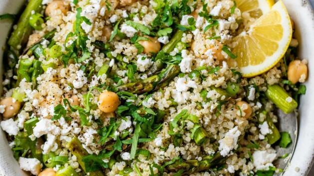 Asparagus salad made with quinoa, chickpeas and feta.