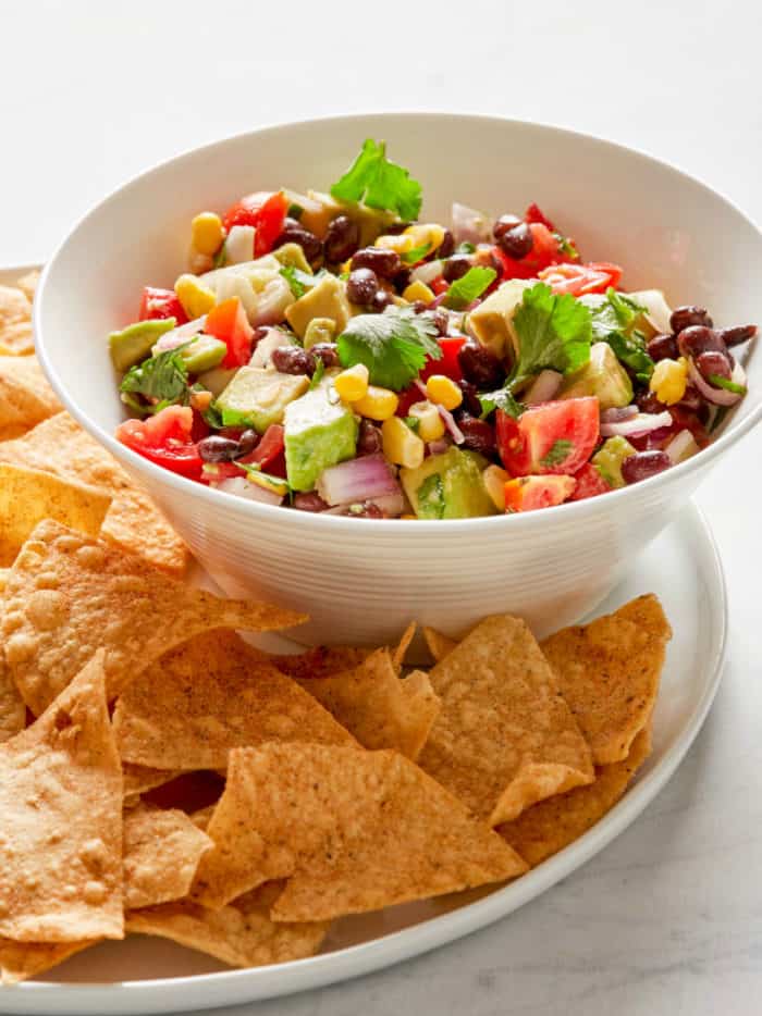 salsa with black beans, tomatoes, corn and avocado