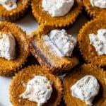 tray filled with mini pumpkin pies topped with whipped cream