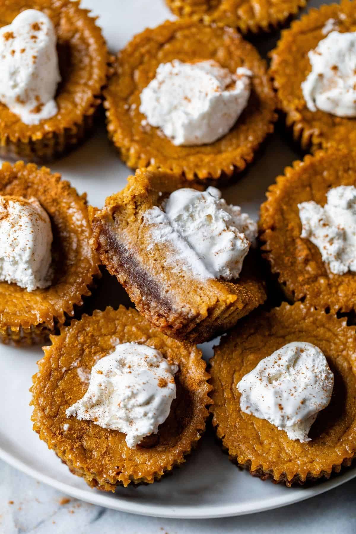 tray filled with mini pumpkin pies topped with whipped cream