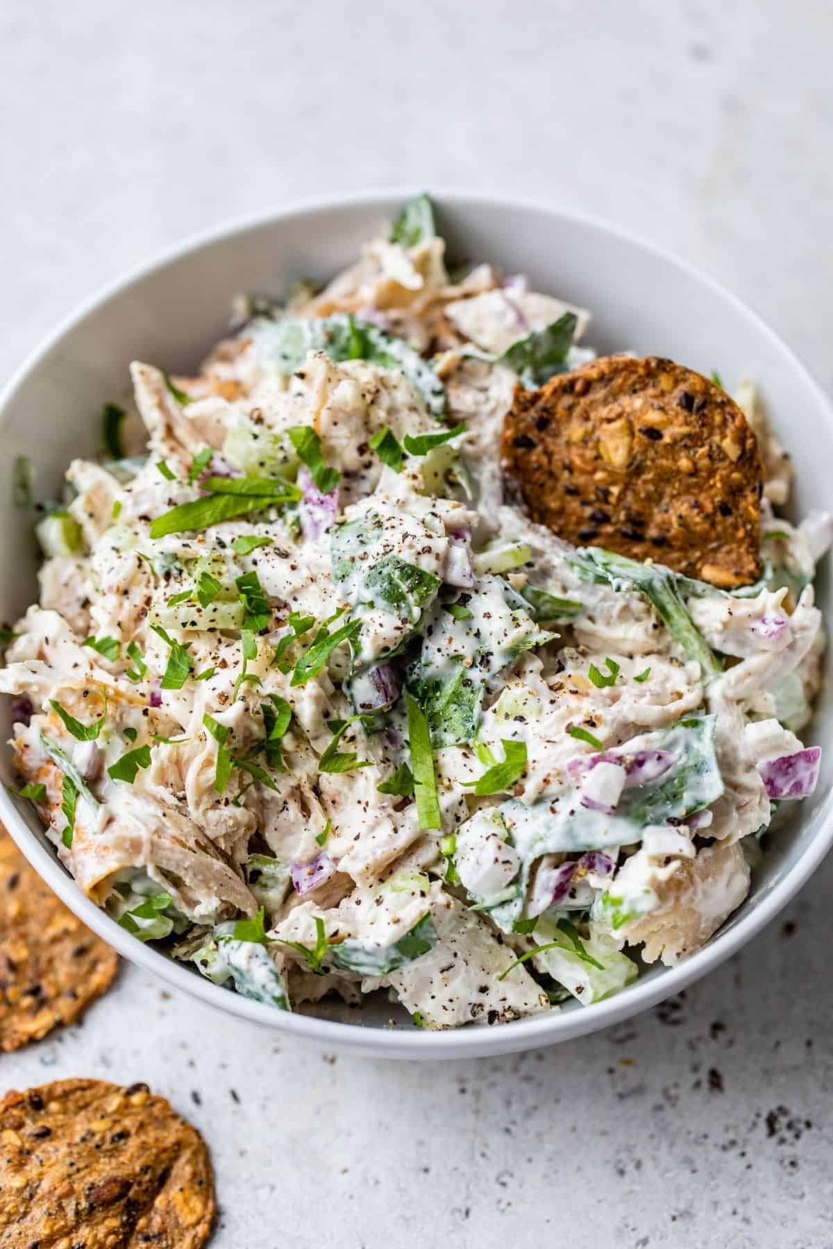 rotisserie chicken salad served with crackers