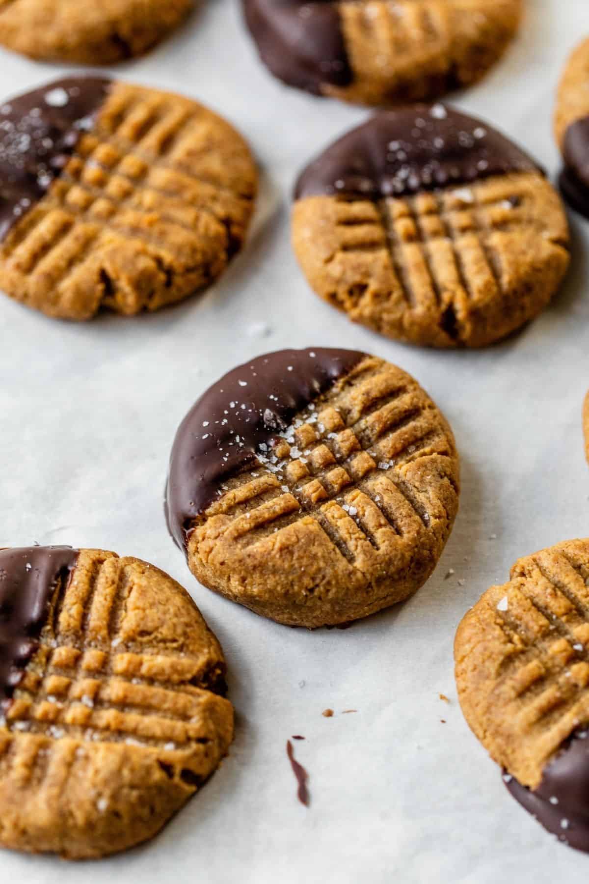 peanut butter cookies dipped in chocolate and sprinkled with sea salt