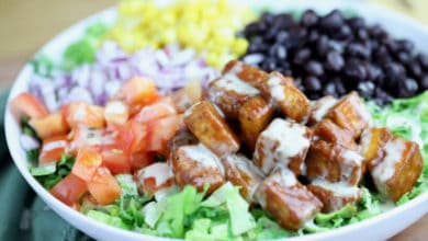 romaine lettuce topped with corn, black beans, tomatoes, red onion and bbq tofu