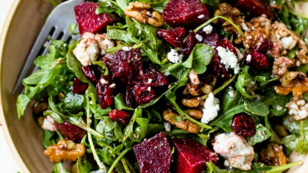 Beets tossed with arugula, walnuts and goat cheese.