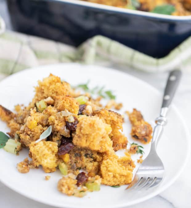 cornbread stuffing on a white plate