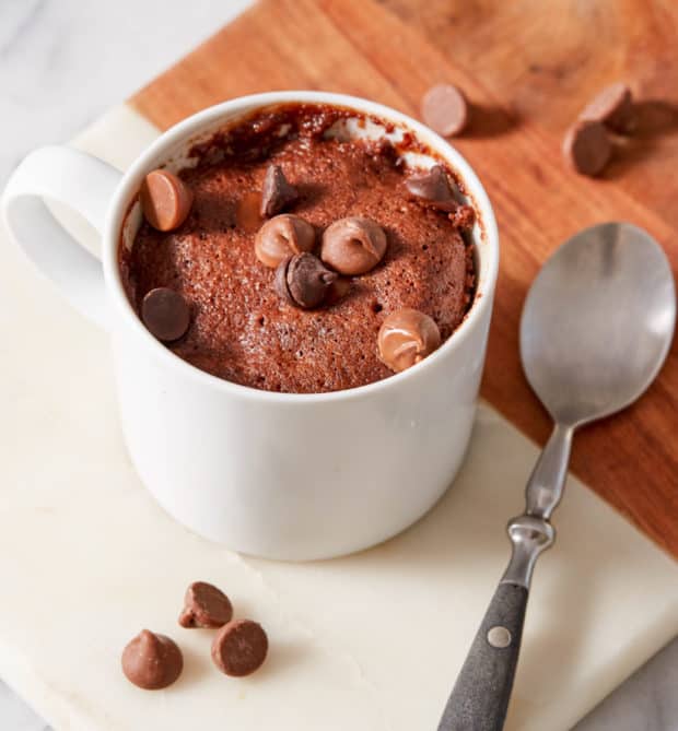 chcolate mug cake topped with chocolate chips