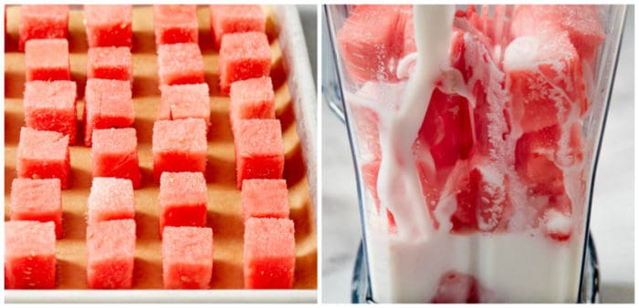 blending watermelon cubes for watermelon ice-cream