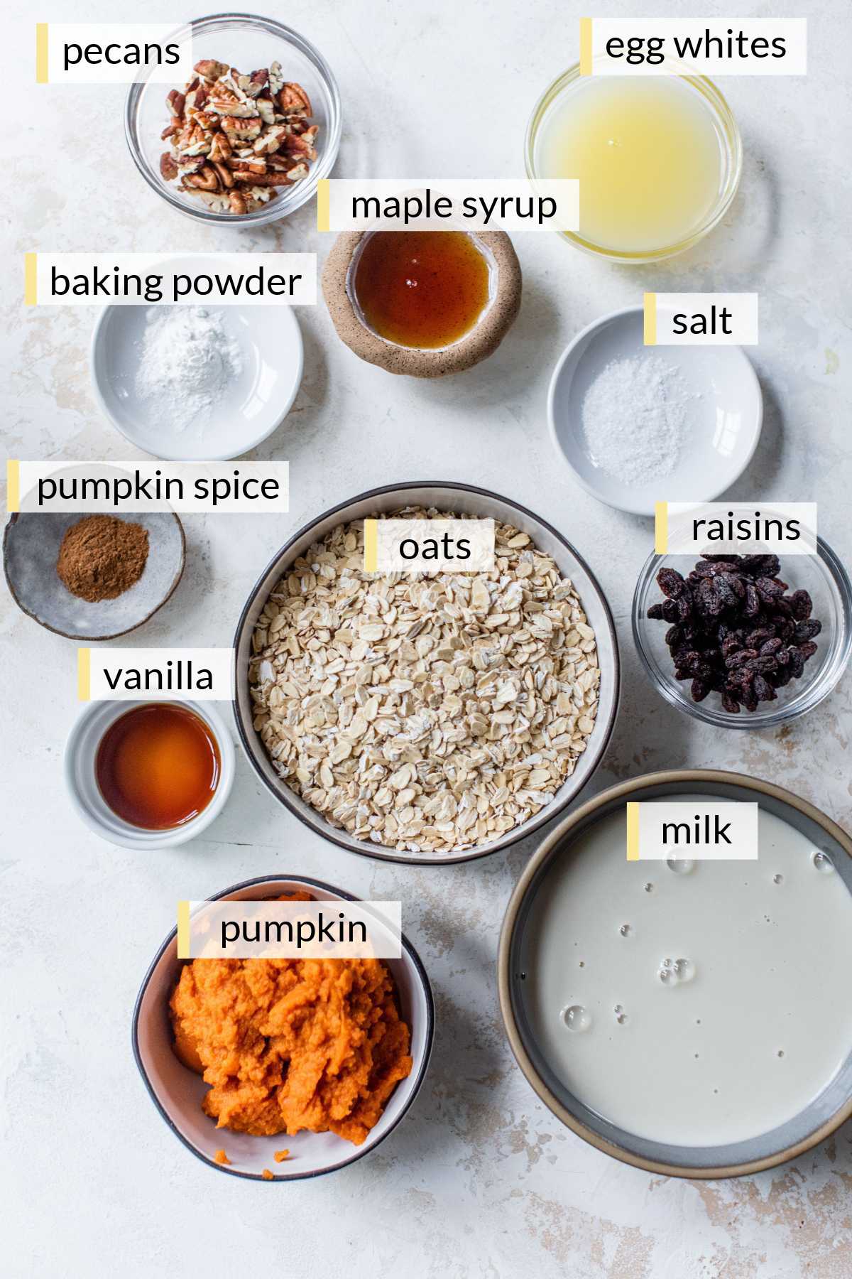 Oats, pumpkin, vanilla, maple syrup, egg whites, pecans and raisins divided into small bowls.