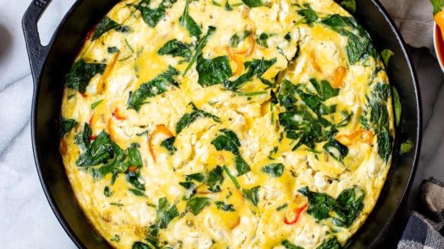 spinach frittata in cast iron pan