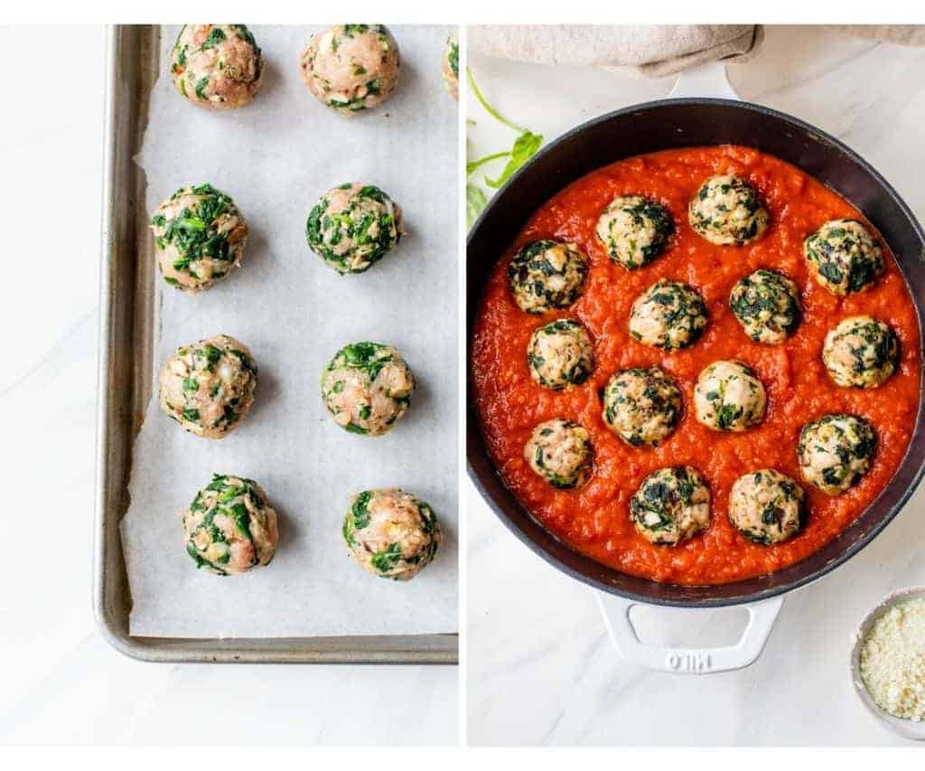 placing turkey meatballs on a baking sheet