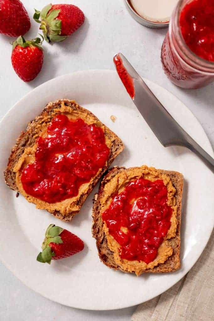 strawberry chia jam on toast with peanut butter
