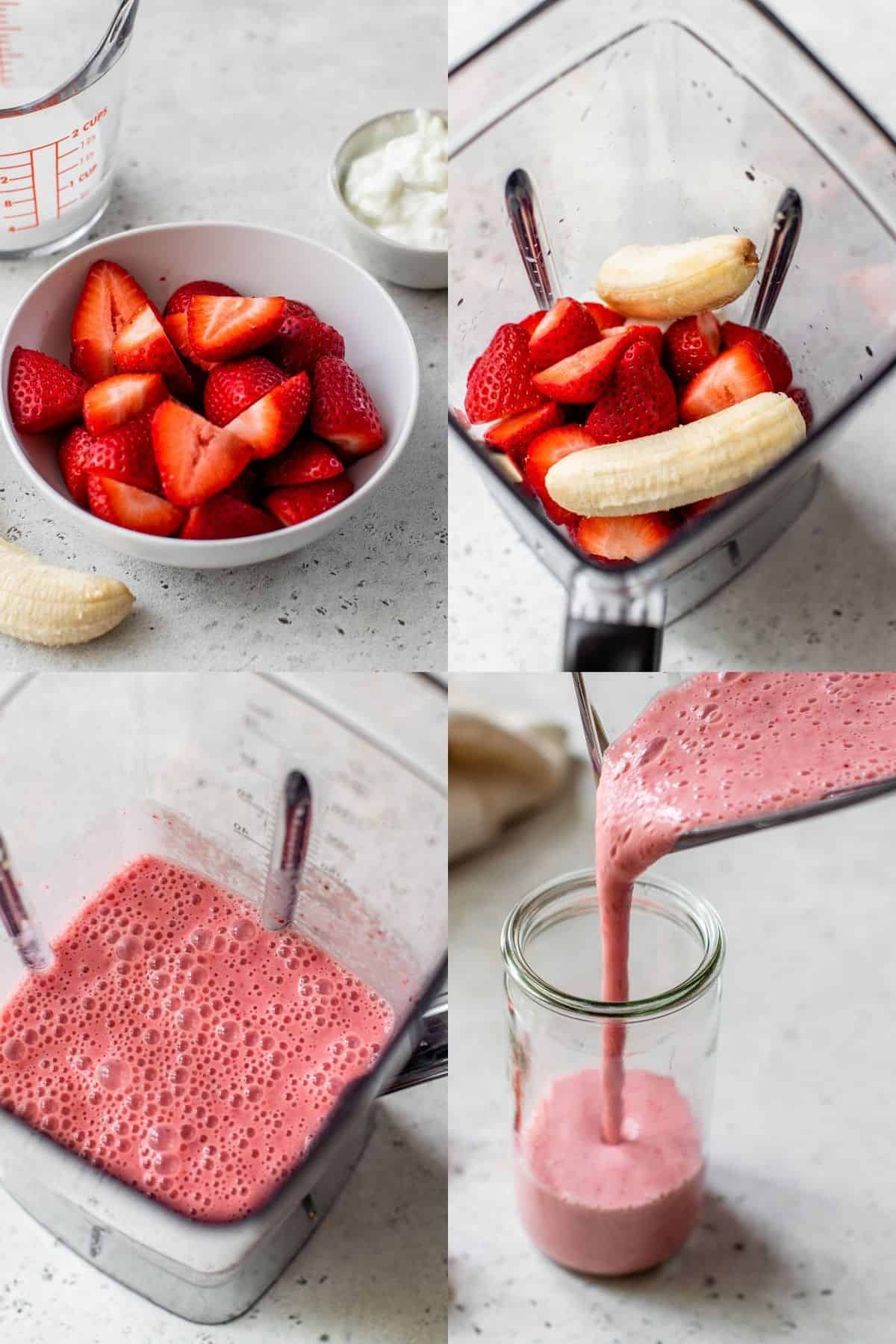 making a smoothie with strawberries and bananas
