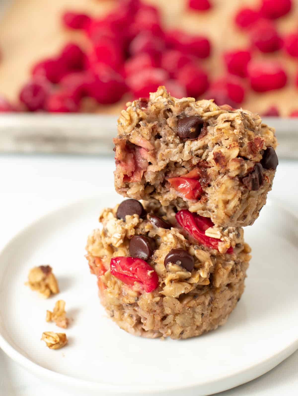 tart cherry oatmeal cups stacked on white plate