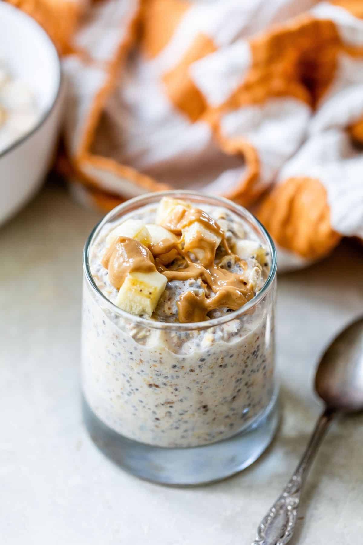 overnight oats topped with banana and peanut butter