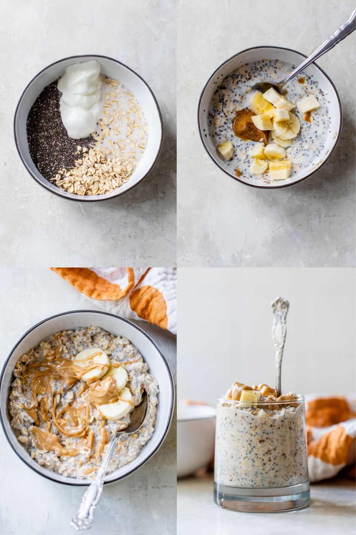 showing how to mix ingredients to make peanut butter banana overnight oats