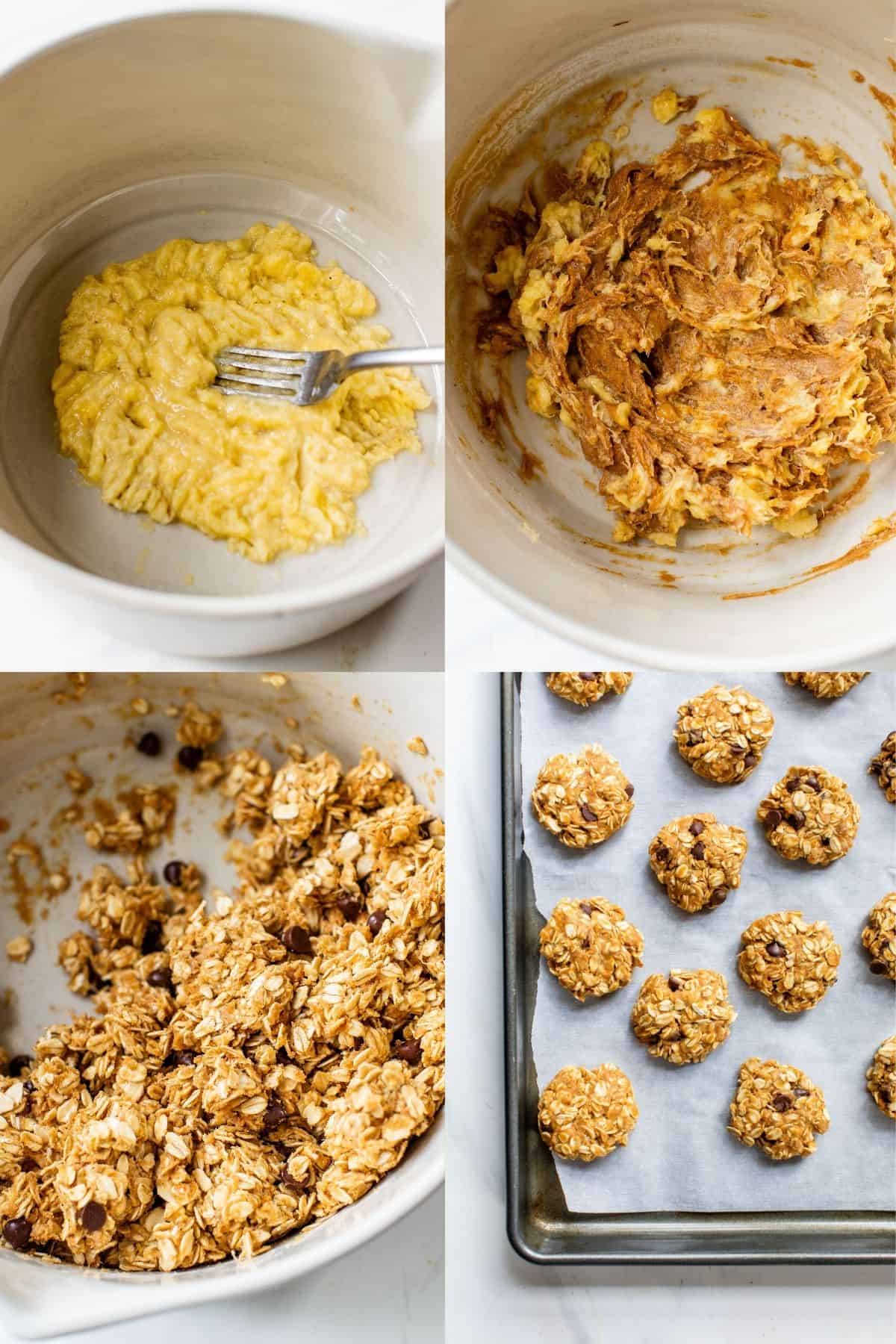 showing steps for making peanut butter oatmeal cookies