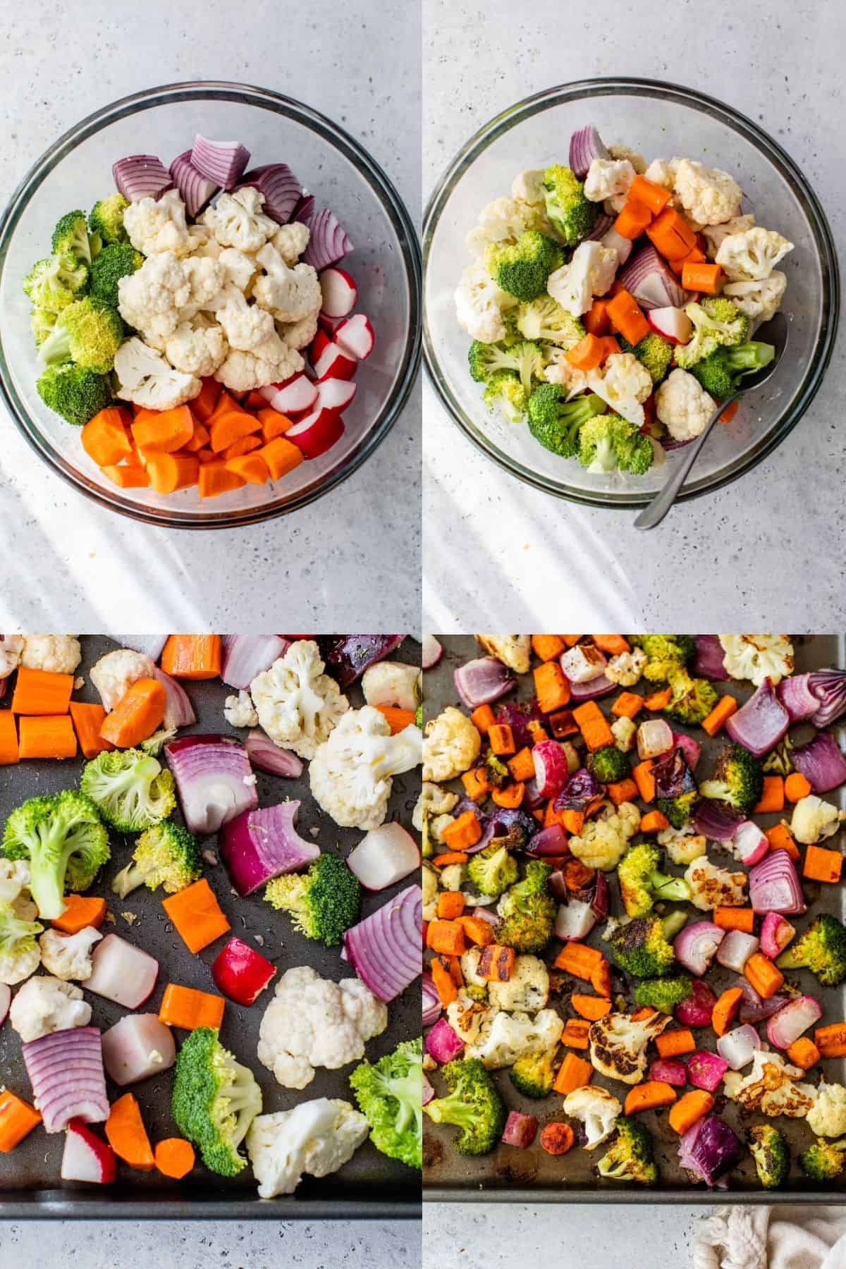 mixing veggies with olive oil, salt and pepper in a large bowl