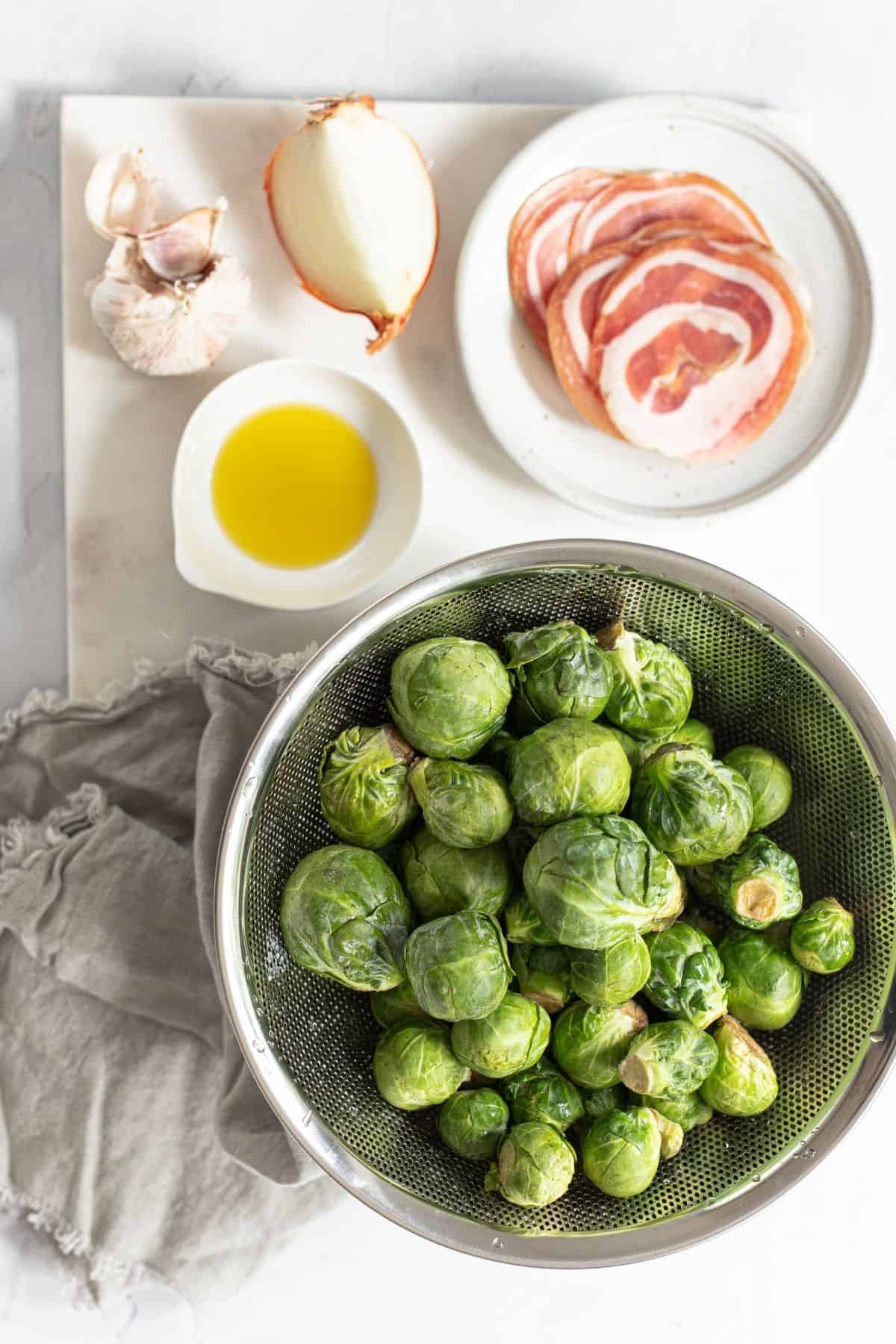 ingredients needed to make sautéed Brussels sprouts with pancetta