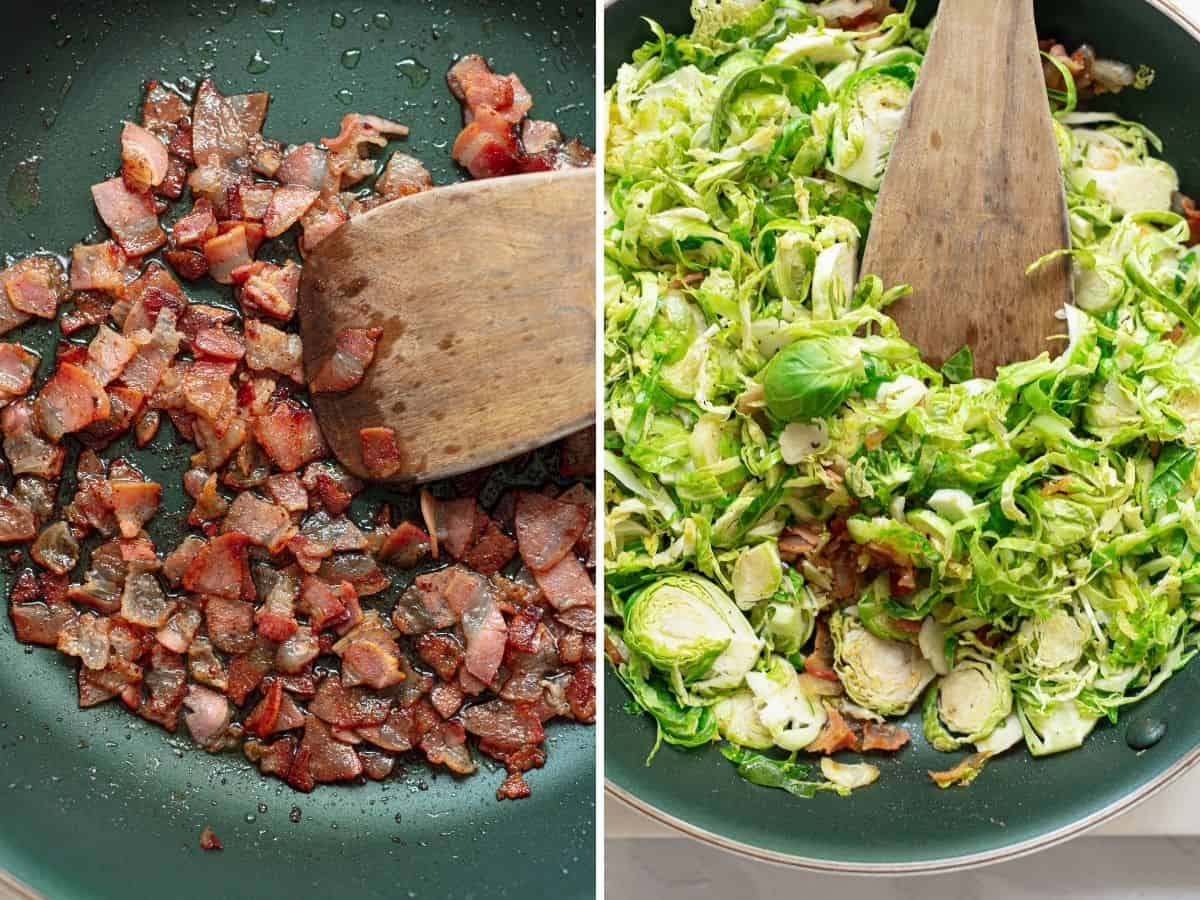 showing how to cook Brussels sprouts with pancetta in a skillet