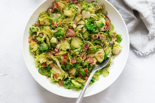 sauteed brussels sprouts with pancetta in bowl