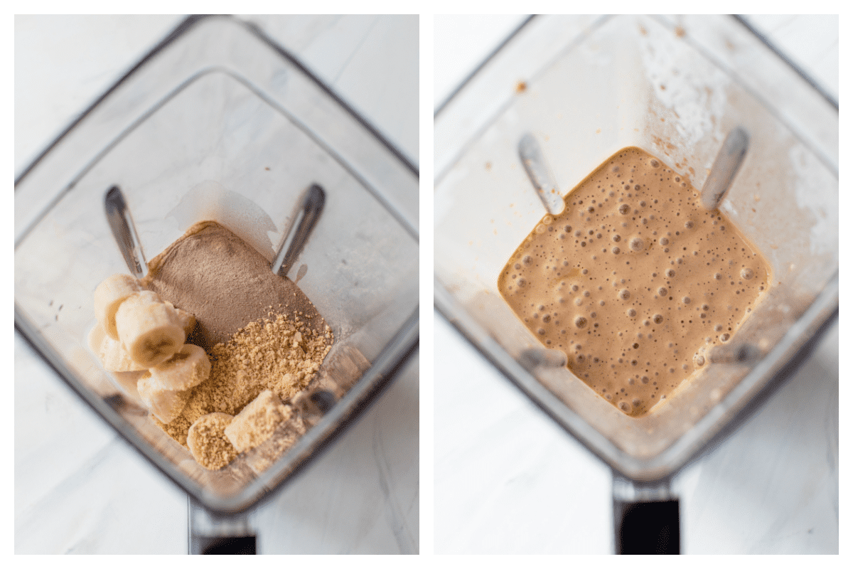 banana protein, powder and pbfit in the blender before and after it is blended