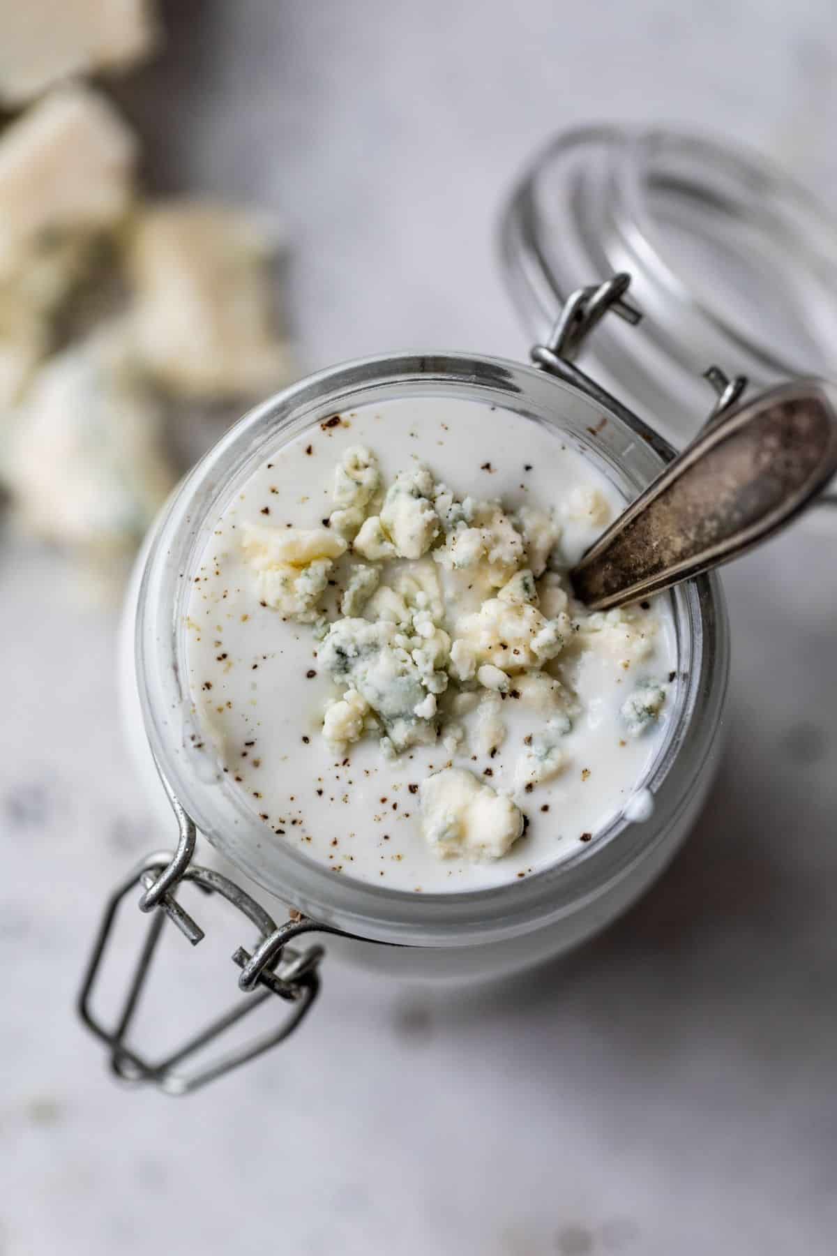 Greek yogurt blue cheese dressing in a jar