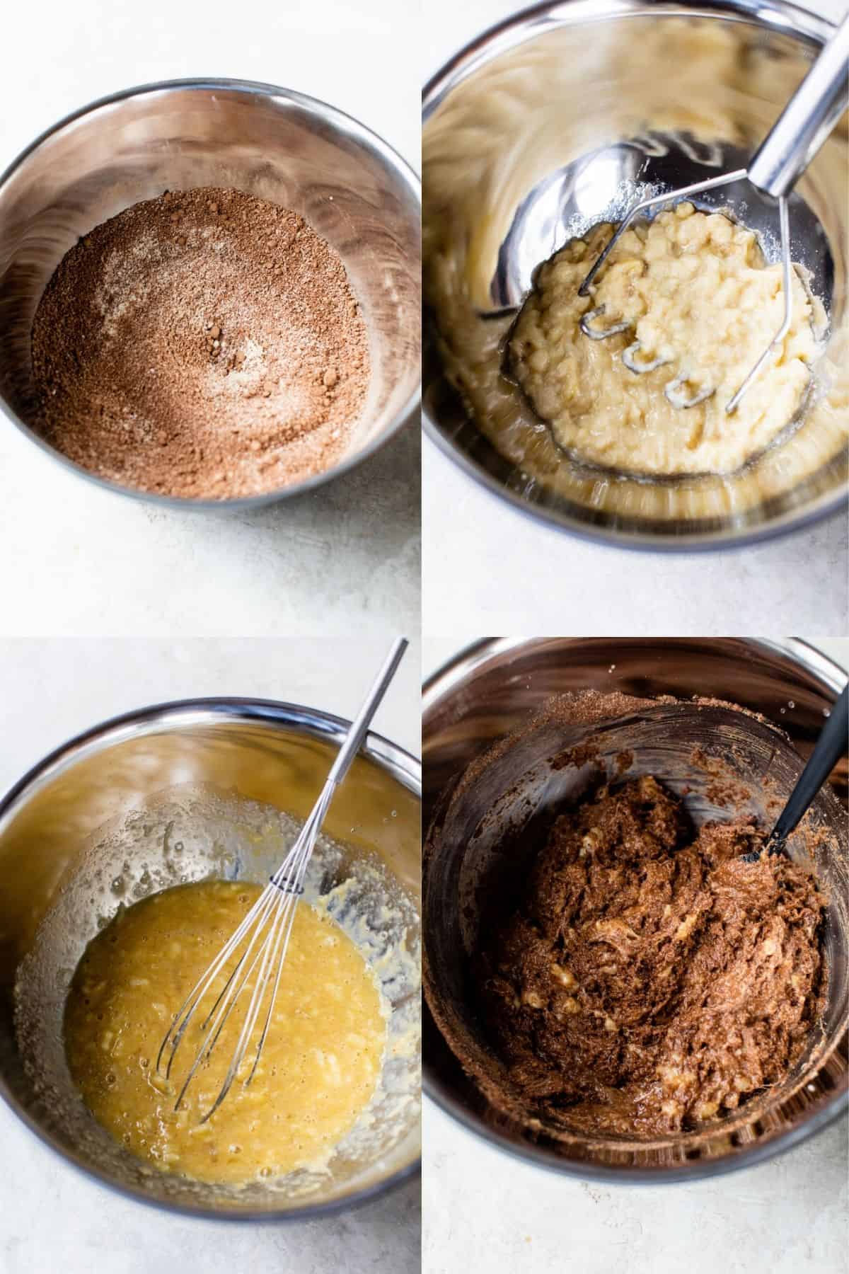 Steps to making chocolate banana bread.