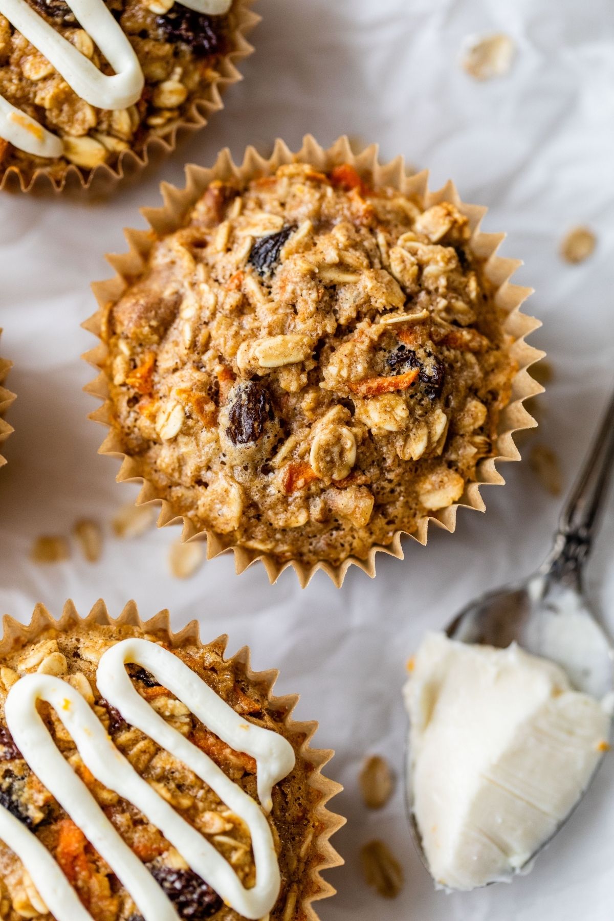 Oatmeal cup made with shredded carrot, raisins and walnuts.