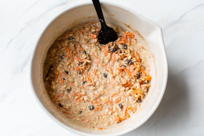 Mixing together carrot cake baked oatmeal batter.
