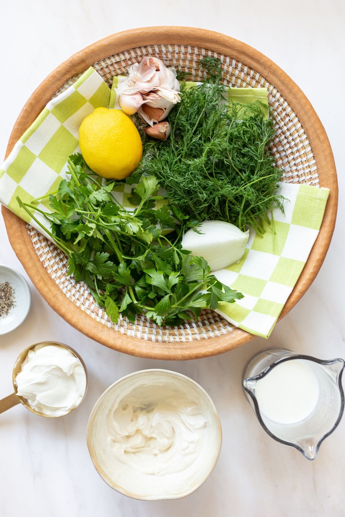 Ingredients needed to make homemade buttermilk ranch dressing.