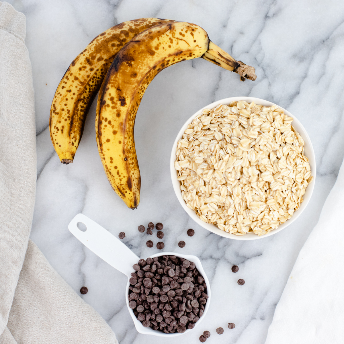 Brown bananas, oats and chocolate chips. 