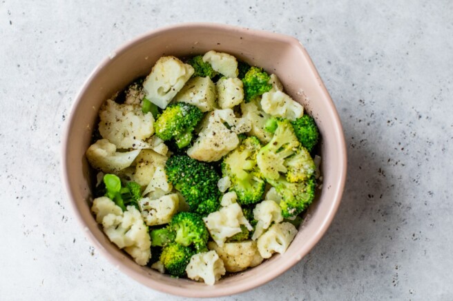 Broccoli and cauliflower in a large bowl.